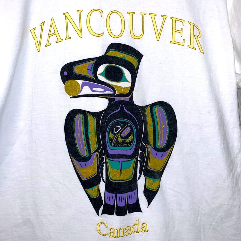 Vintage Vancouver Canada white cotton graphic T-shirt L Totum pole Indian bird - Picture 3 of 15